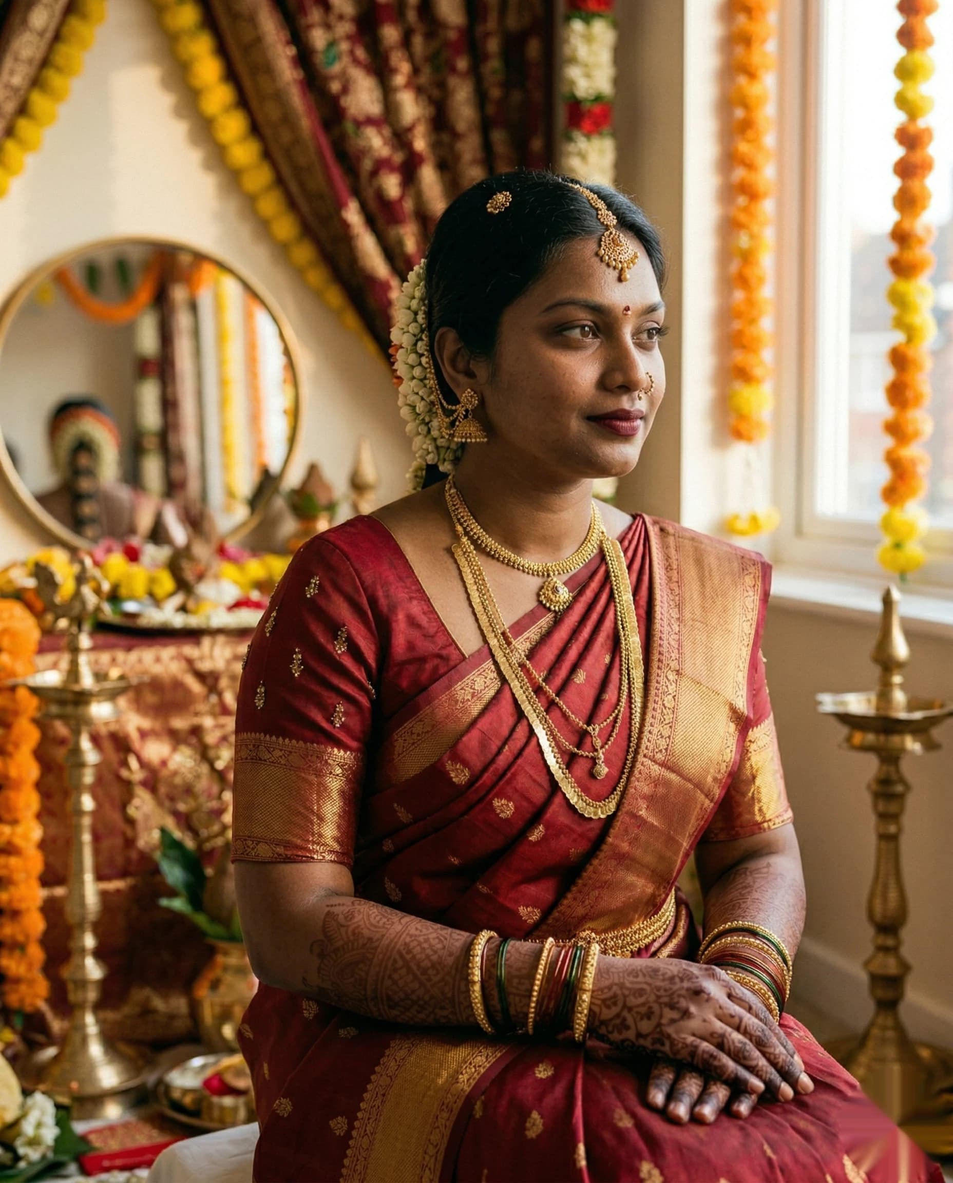 Indian bride in traditional red silk saree and gold jewellery