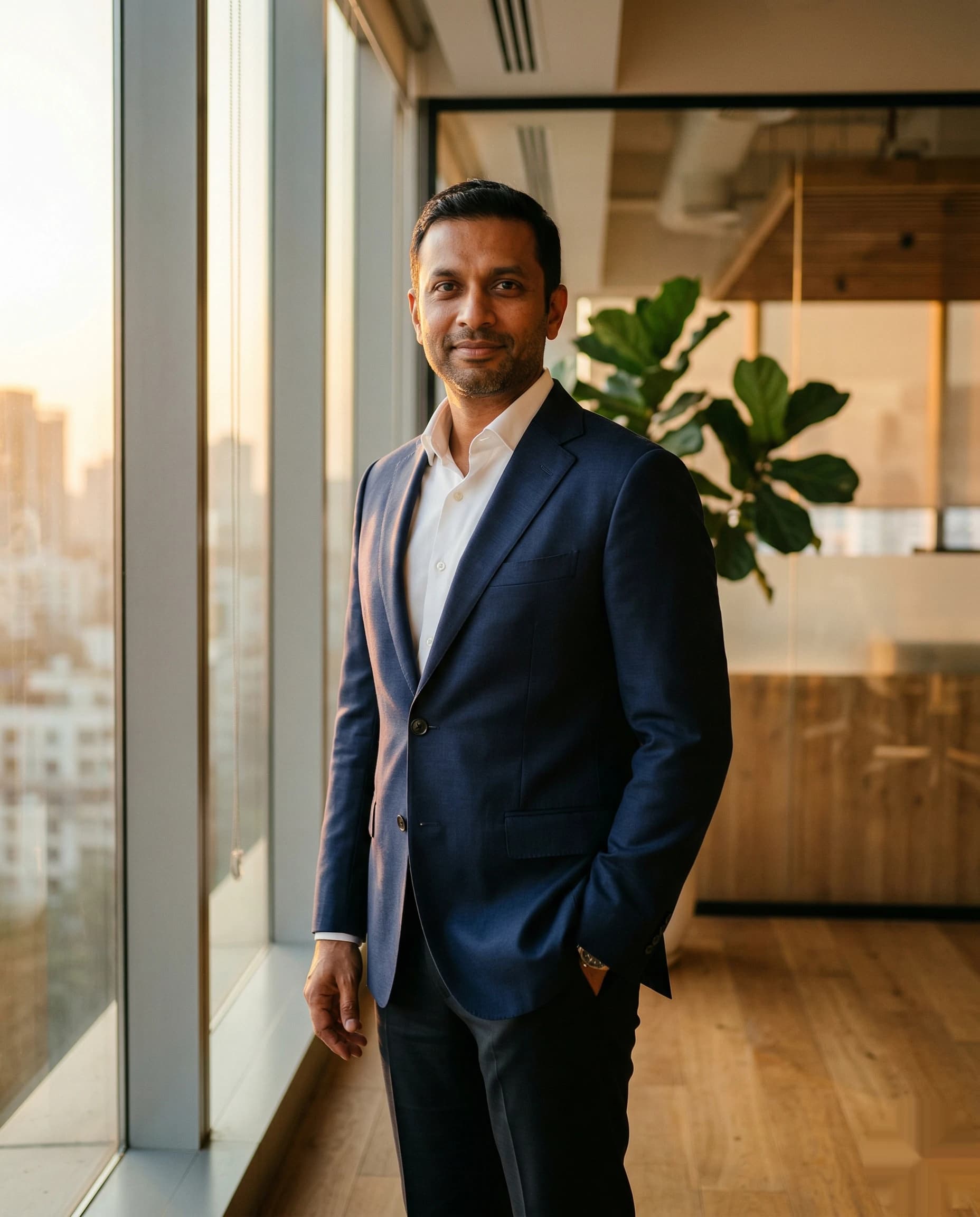 Indian executive in a navy suit by a sunlit office window