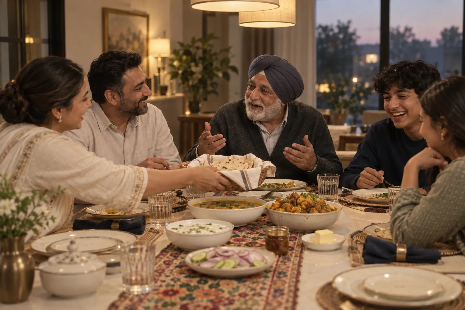 A 3-generation Punjabi family at dinner: a grandfather in a turban mid-story, a daughter-in-law passing a basket of rotis, and dal, aloo-gobhi, raita, salad, pickle and butter on a phulkari runner.