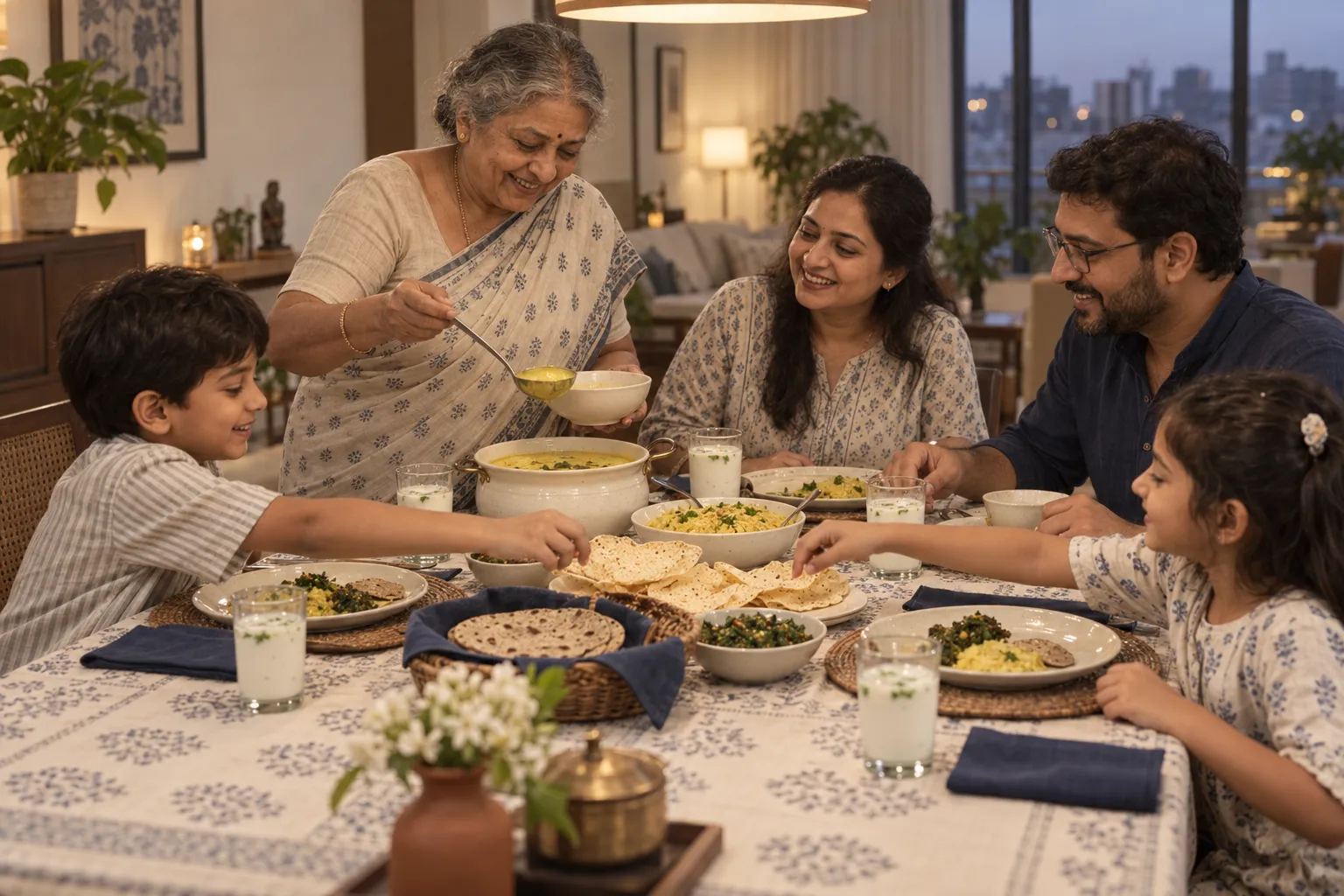 A grandmother ladles kadhi at a Gujarati family dinner while 2 grandchildren reach for papad; khichdi, bajra rotlas, a green sabzi and glasses of chaas sit on a block-printed tablecloth.
