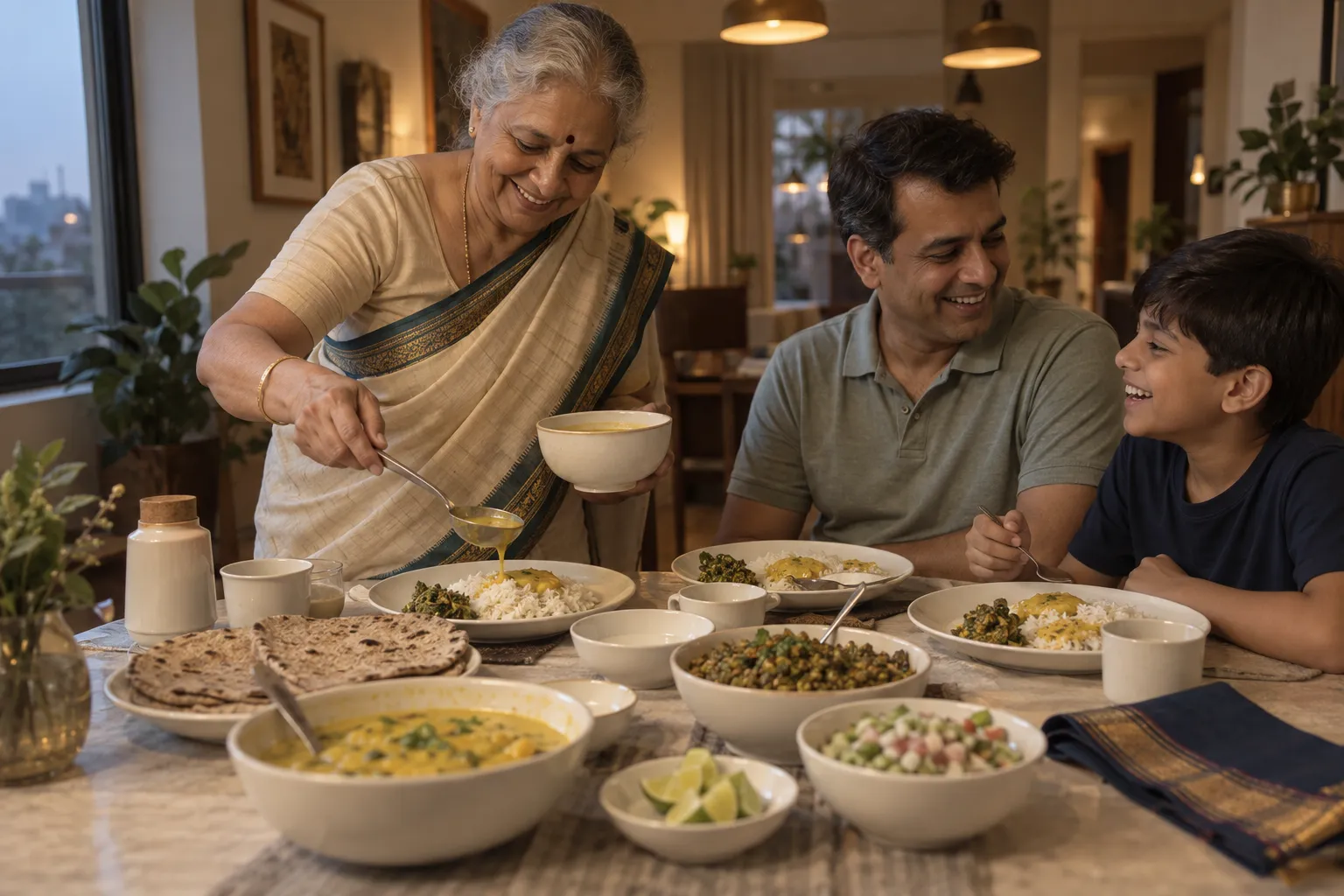 A grandmother pours varan over rice at a Maharashtrian family dinner as her son and grandson laugh; bhakri, pithla, sprouted usal, koshimbir and lime wedges fill the table.