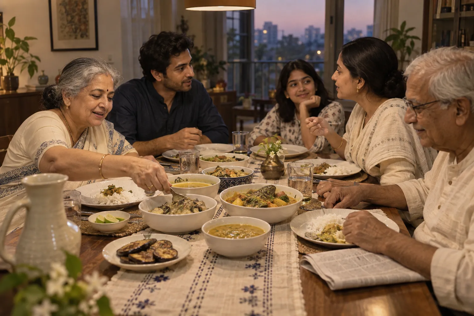 At a Bengali dinner, 3 generations talk over rice, masoor dal, fish jhol, shukto and begun bhaja, the grandfather's newspaper folded beside his plate.