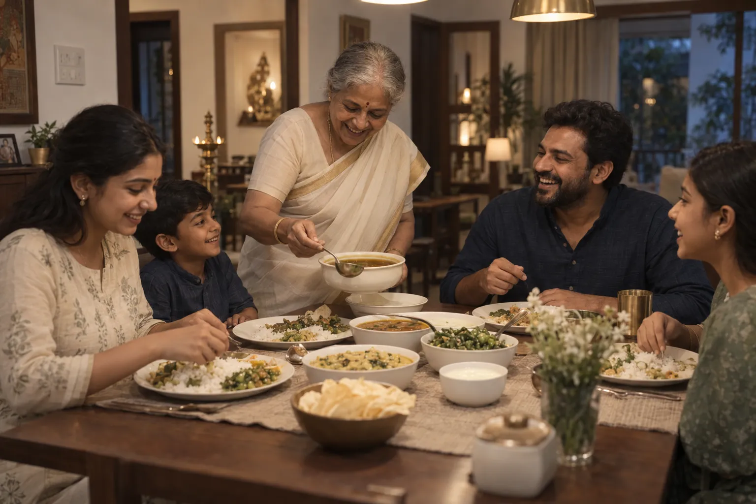 A grandmother serves rasam at a Tamil family dinner of rice, sambar, poriyal, kootu, curd and appalam, a brass lamp glowing behind her.