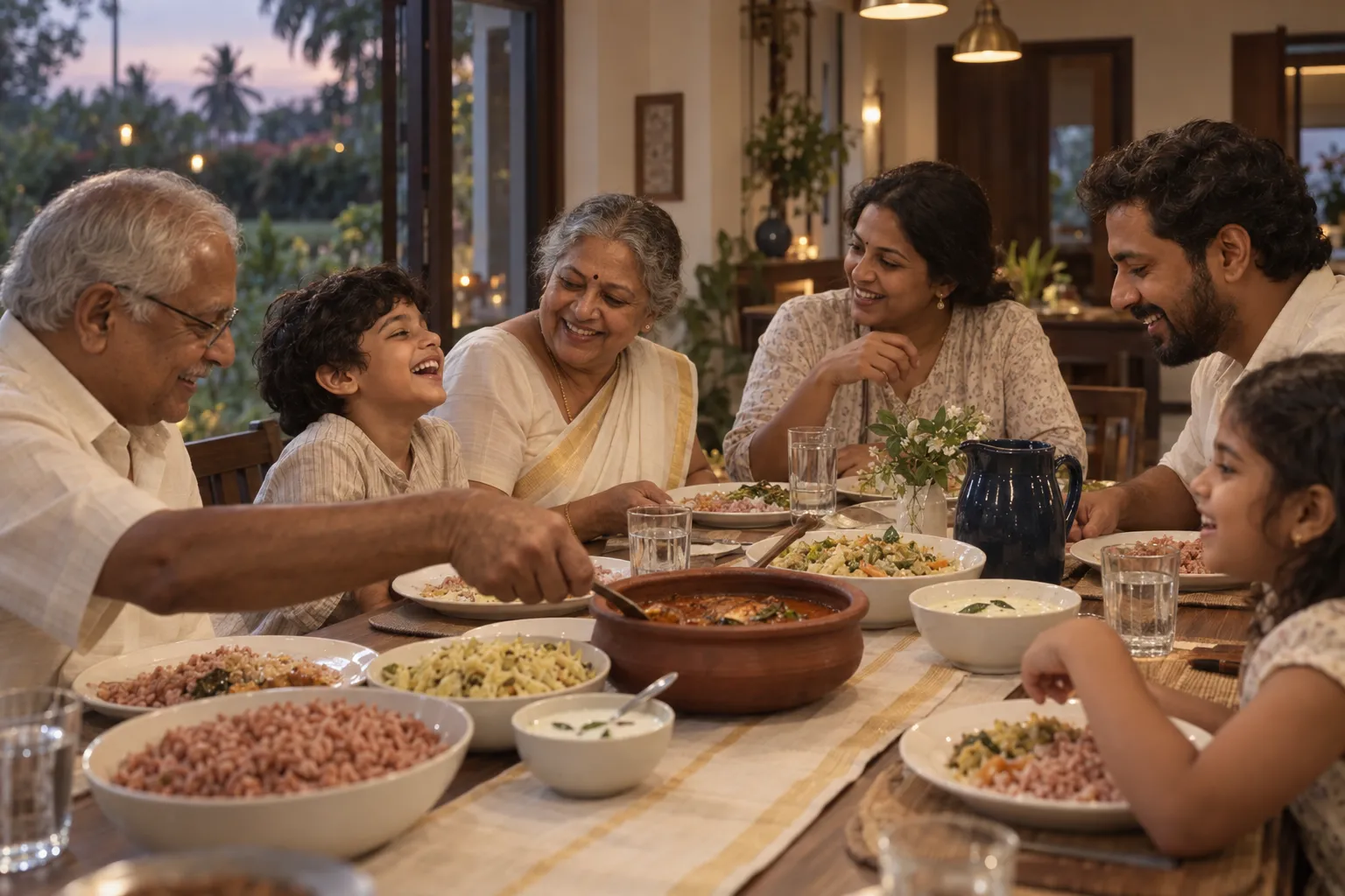 Grandparents and grandchildren laugh around a Kerala dinner of red matta rice, fish curry in a clay chatti, thoran, avial and moru, by windows onto a garden at dusk.