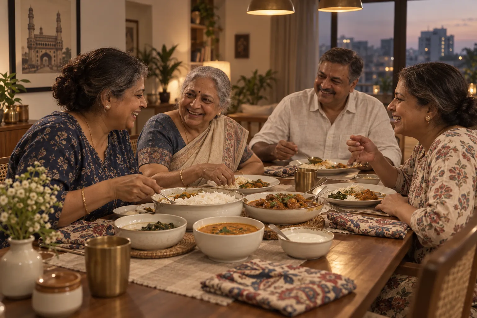 At a Hyderabadi dinner, 2 sisters and their mother laugh over rice, tomato pappu, chicken curry, gongura pachadi and curd, a husband at the end of the table.
