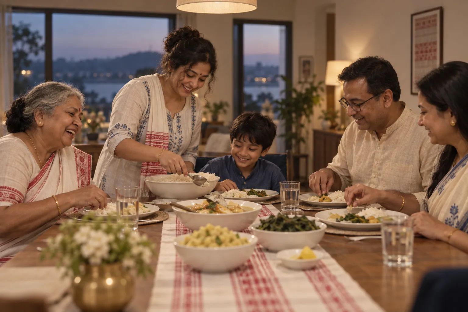A grandmother laughs as rice is served at an Assamese family dinner of masor tenga, aloo pitika, greens and lemon on a gamosa-patterned runner.