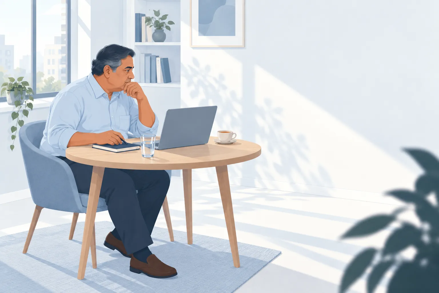 A man in a light-blue shirt listens on a video consultation at a round oak table by a window, a notebook, water and tea beside him.