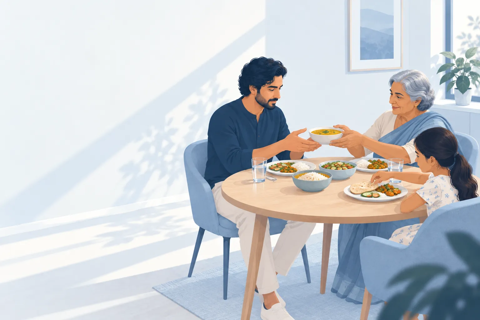 A grandmother passes a bowl of dal to her son at a round family dinner table while her granddaughter reaches for a roti, with sabzi, rice and salad between them.