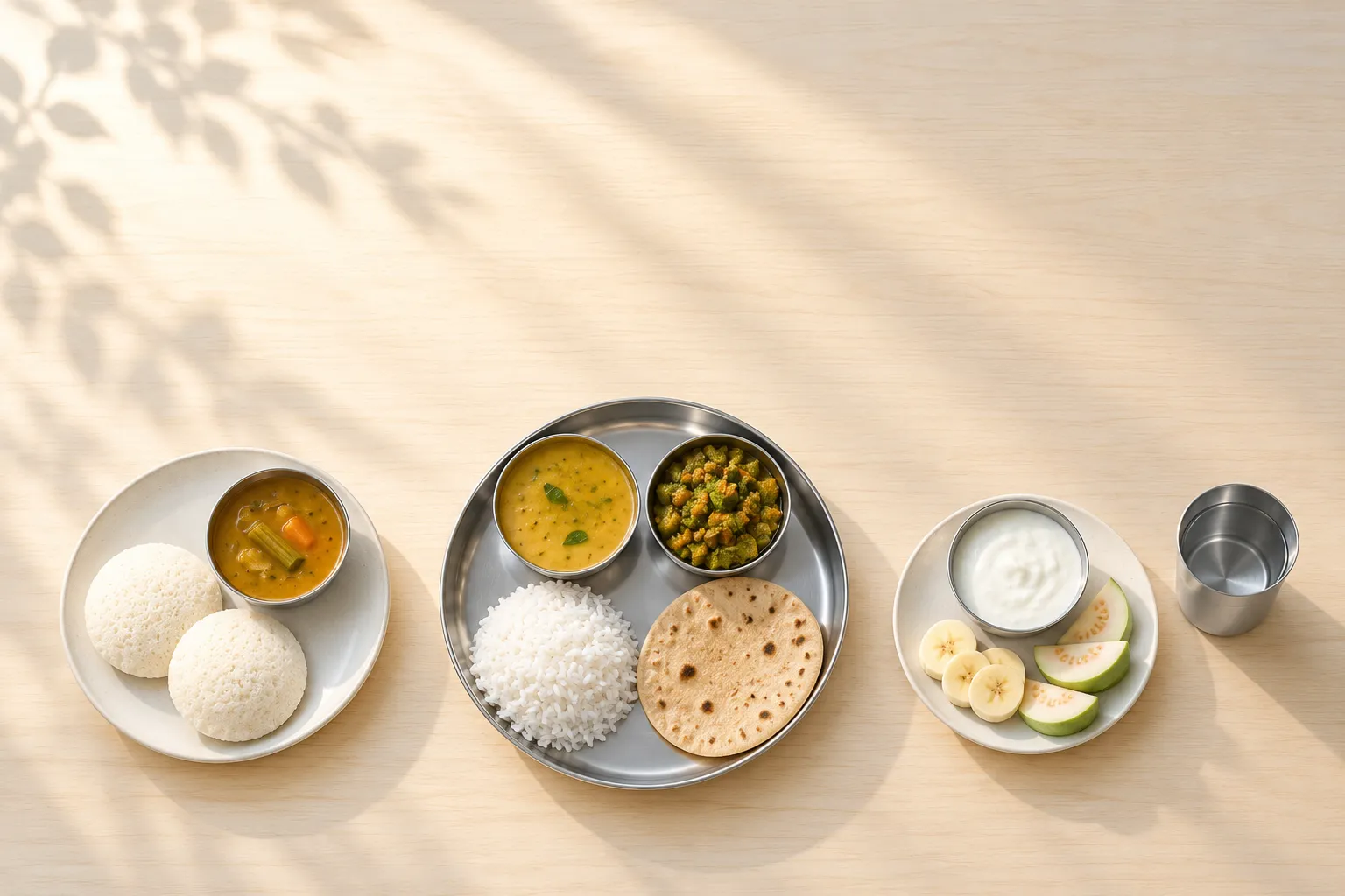 A day of Indian home food on a pale oak table, seen from above: idli with sambar, a steel lunch thali with dal, sabzi, rice and a roti, then curd with banana and guava, and a glass of water.