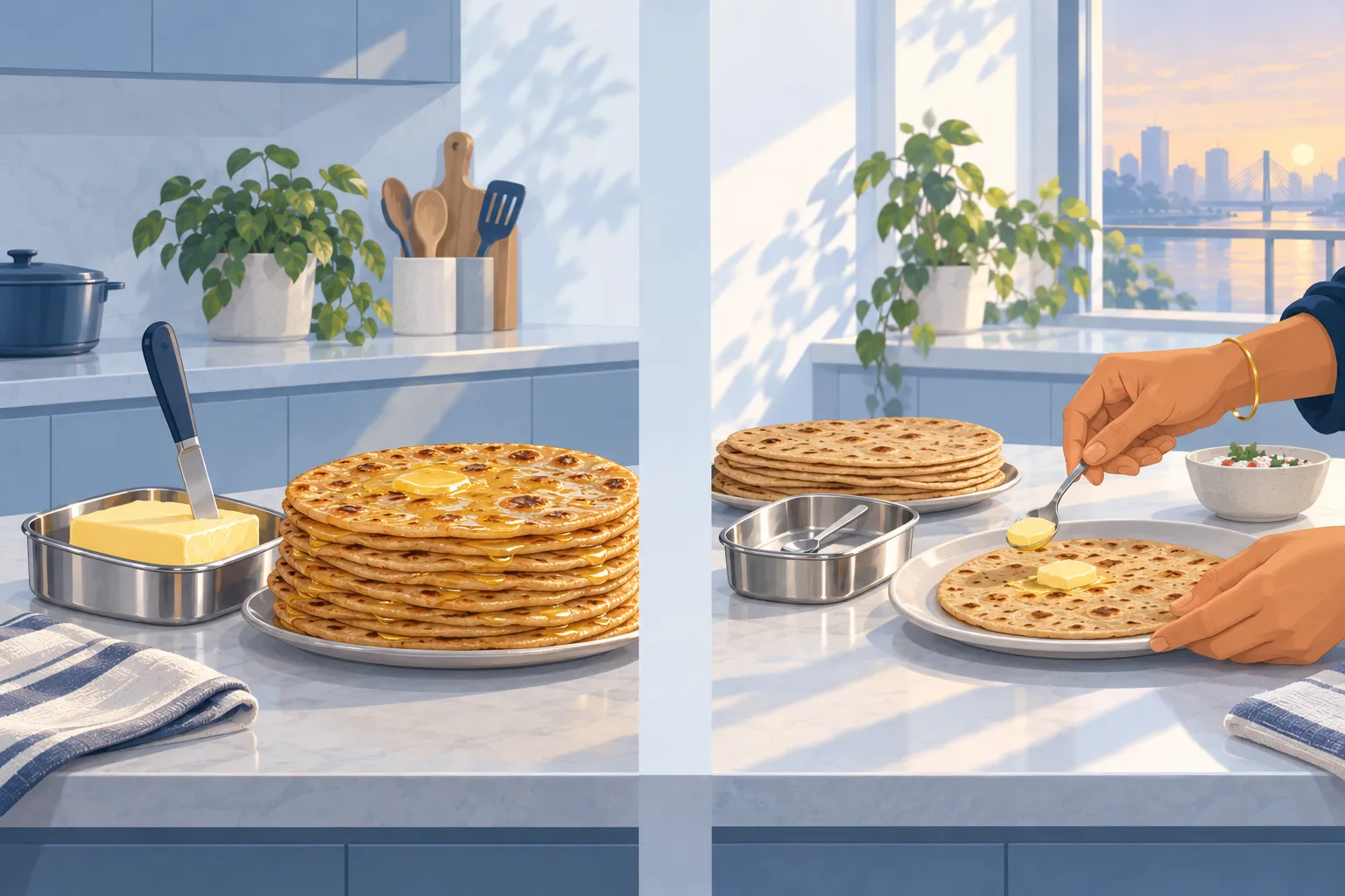 Two views of the same counter: on the left a stack of rotis each glossy with butter and a knife in the butter dish; on the right a teaspoon in the dish and one level teaspoon of butter on a single roti.
