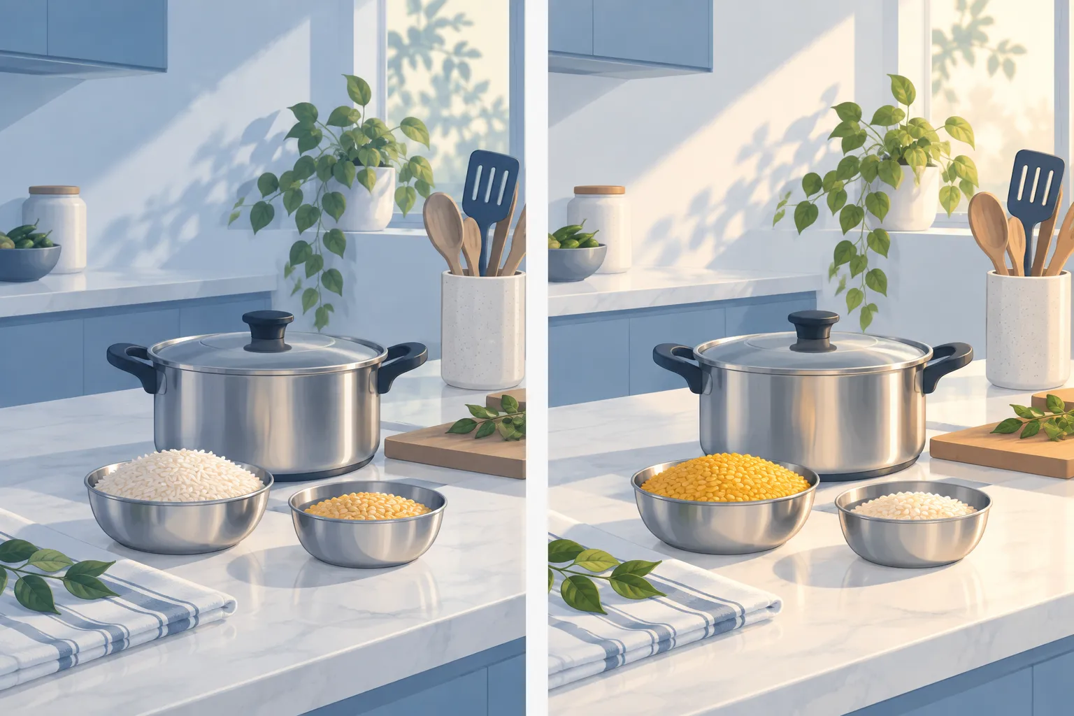 Two views of the same counter: on the left a fuller bowl of rice beside a smaller bowl of dal for the khichdi pot; on the right the proportions tipped, more dal and less rice, beside the same pot.