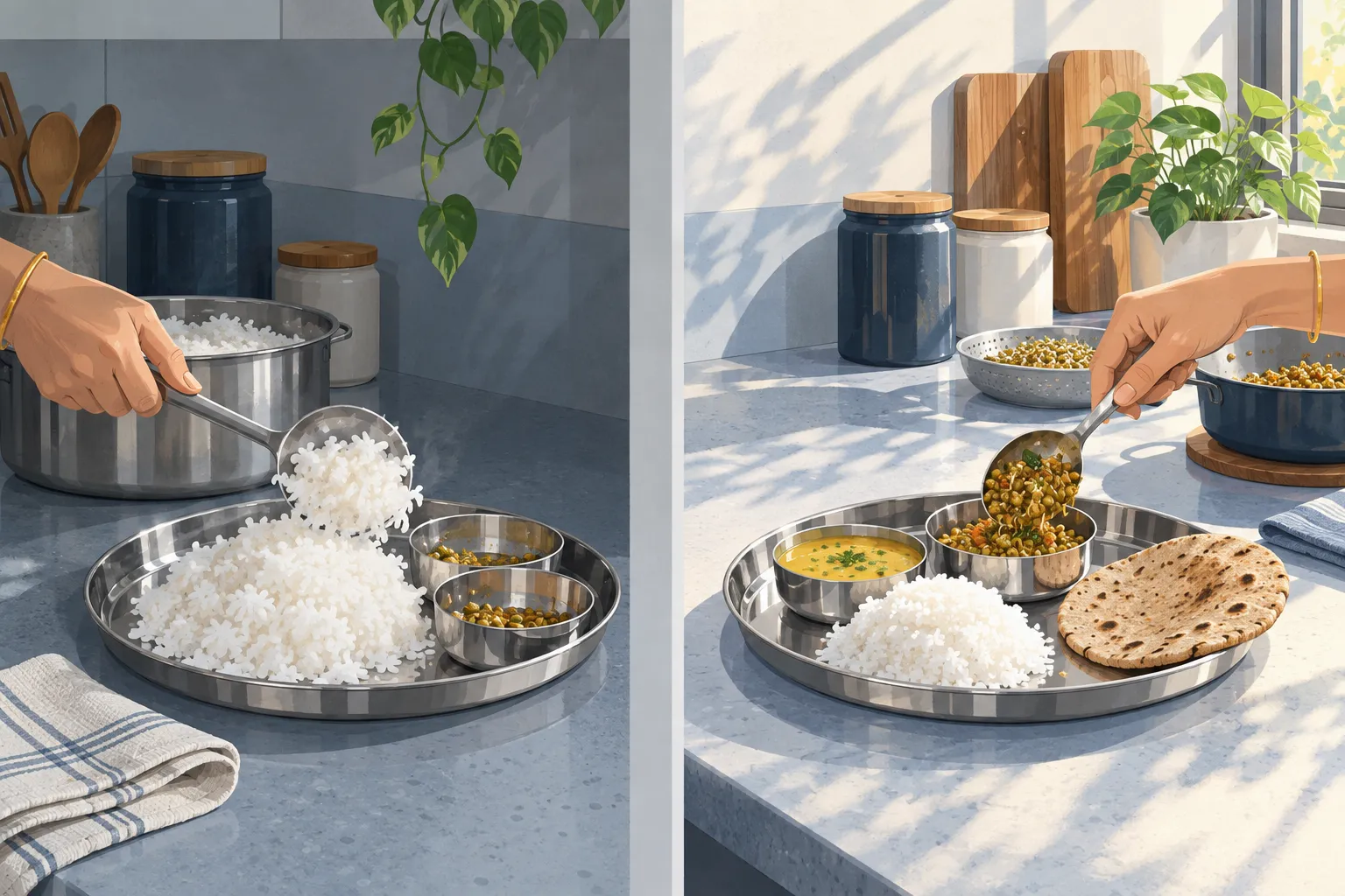 Two views of the same steel plate: on the left a ladle bringing a second mound of rice; on the right the ladle refilling the katori of sprouted-moong usal, a bhakri on the plate.