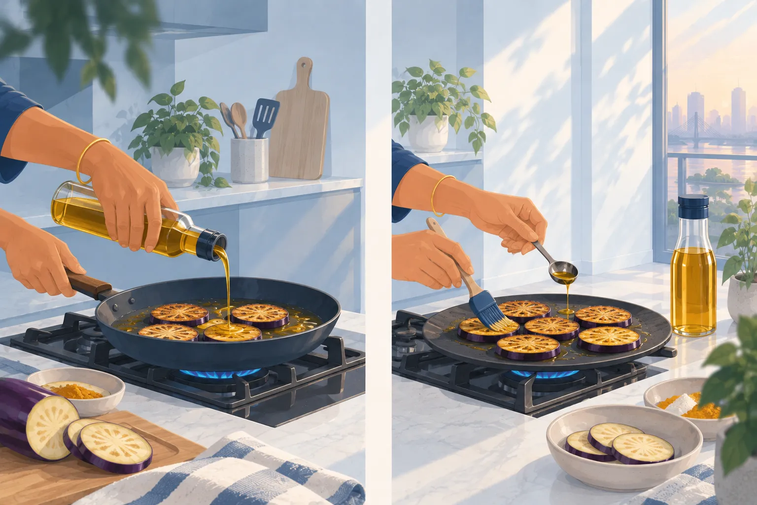 Two views of the same stove: on the left mustard oil poured into a frying pan of brinjal slices; on the right the slices browning on a flat tawa brushed from a measured spoon, the bottle capped.