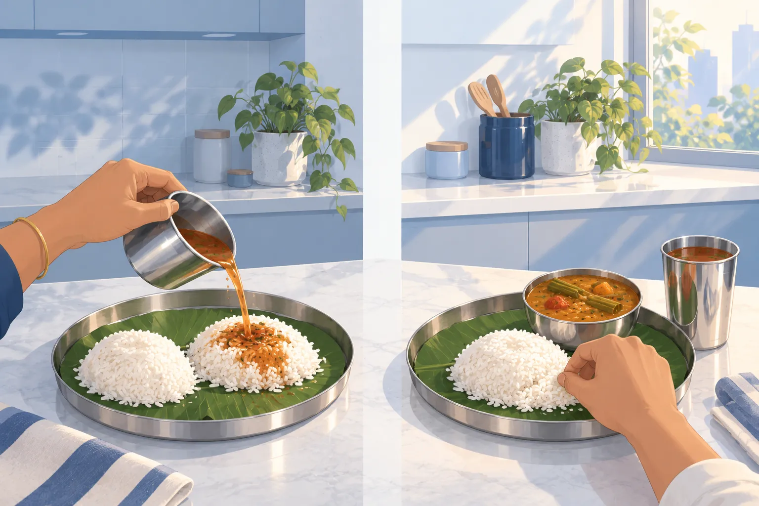 Two views of the same banana-leaf plate: on the left thin rasam poured over a fresh second mound of rice; on the right one mound of rice, the sambar in a round steel bowl and the thin rasam in a small tumbler, a hand at the rice.
