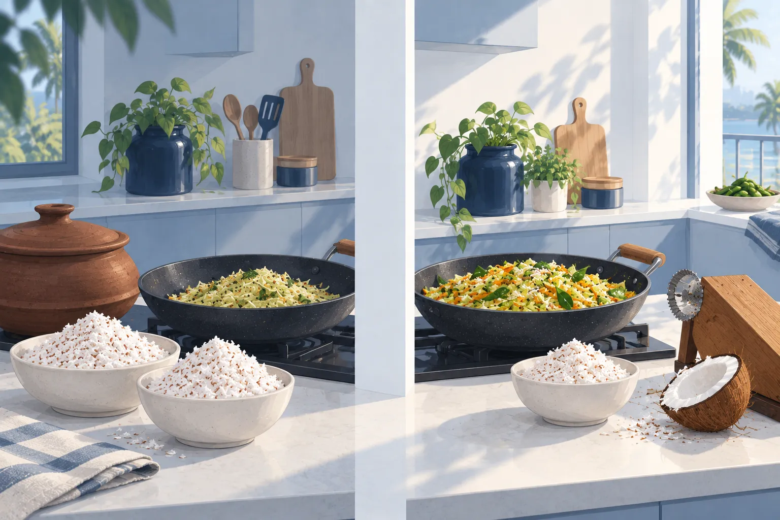 Two views of the same counter: on the left grated coconut heaped in two bowls; on the right a single, smaller bowl grated once, beside a fuller pan of thoran.