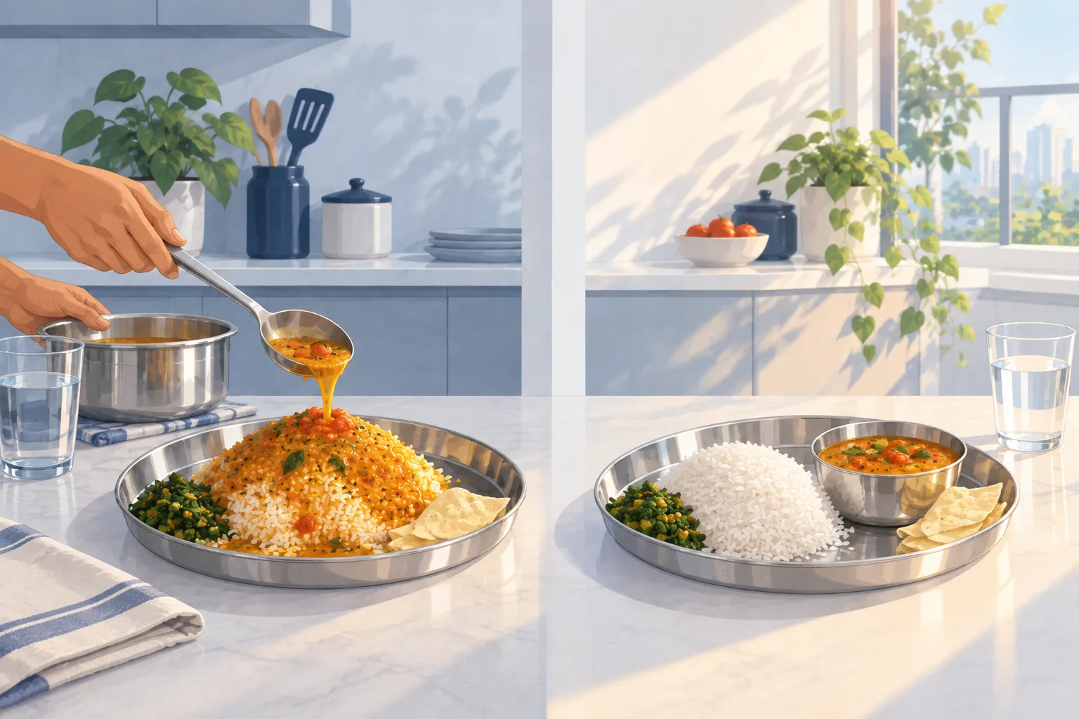 Two views of the same steel plate: on the left tomato pappu poured over a high heap of rice; on the right a smaller mound of rice with the pappu in its own full katori.