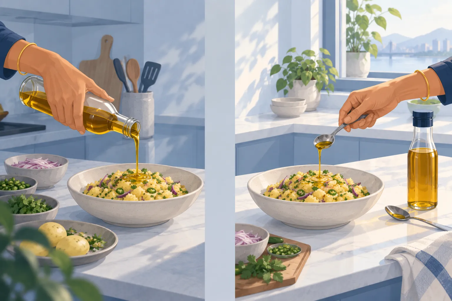 Two views of the same bowl of aloo pitika: on the left mustard oil poured straight from the bottle; on the right a single teaspoon drizzled over it, the bottle capped and a spare teaspoon beside it.