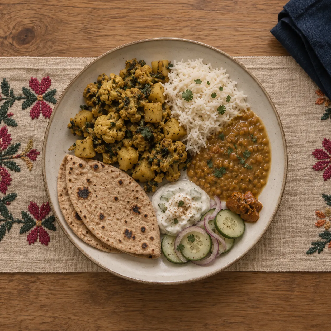 A Punjabi dinner plate seen from above: aloo-gobhi, dal, rotis, raita, sliced onion and cucumber, and a spoon of pickle.