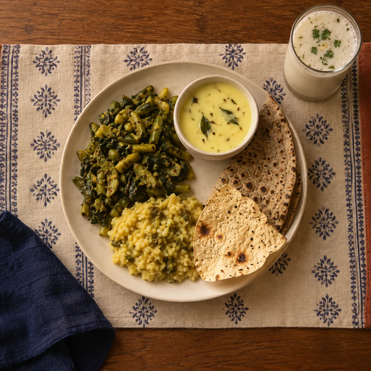 A Gujarati dinner plate seen from above: a green sabzi, kadhi in a bowl, bajra rotla, a roasted papad, khichdi, and a glass of chaas beside the plate.