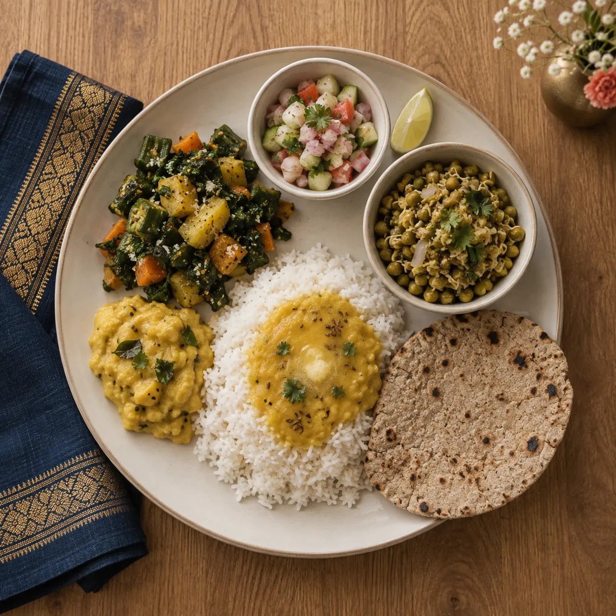 A Maharashtrian dinner plate seen from above: a cooked vegetable, koshimbir, sprouted usal, pithla, varan over rice with a line of ghee, and a bhakri.