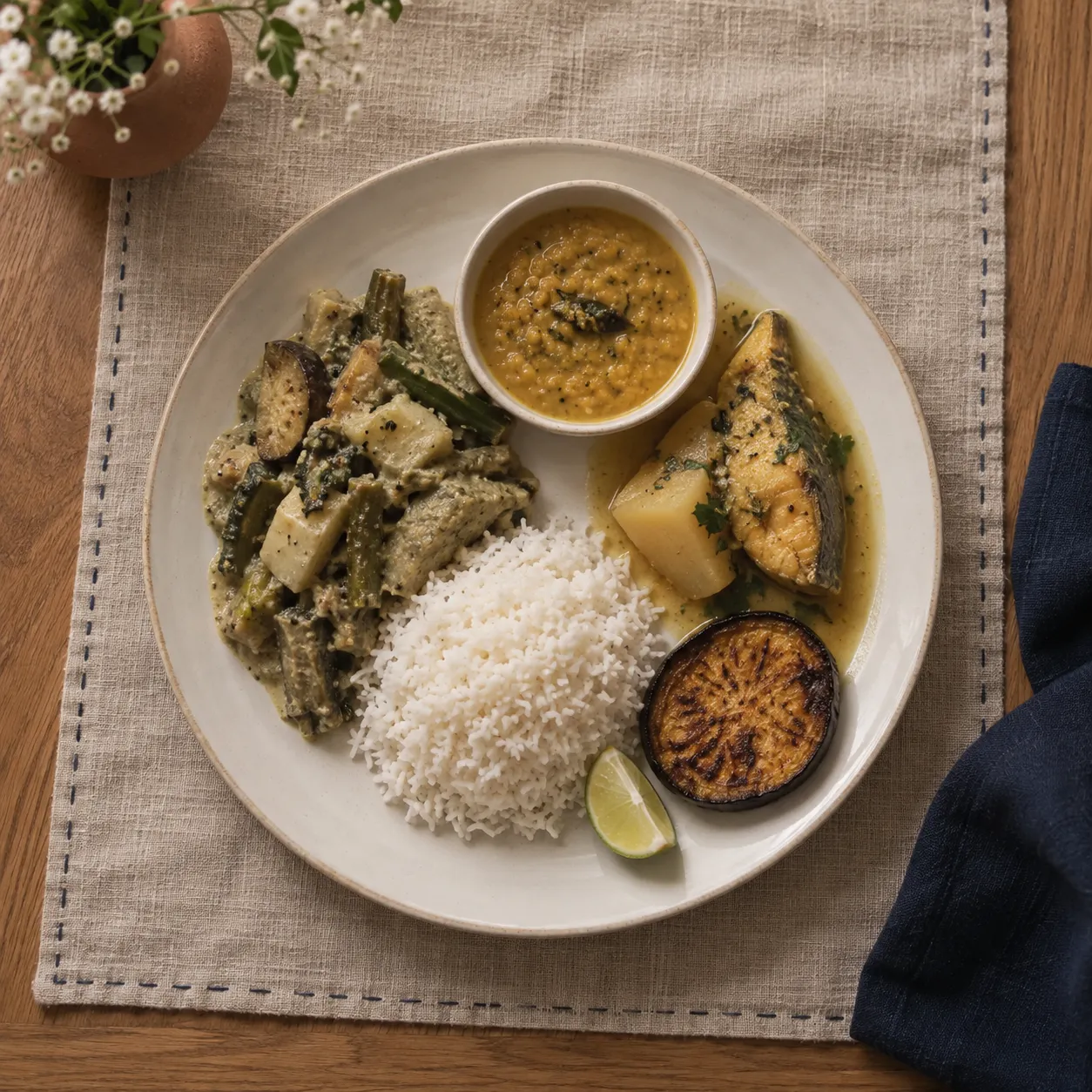 A Bengali dinner plate seen from above: shukto, a mound of rice, masoor dal in a bowl, fish jhol with potato, a slice of begun bhaja and a wedge of lime.