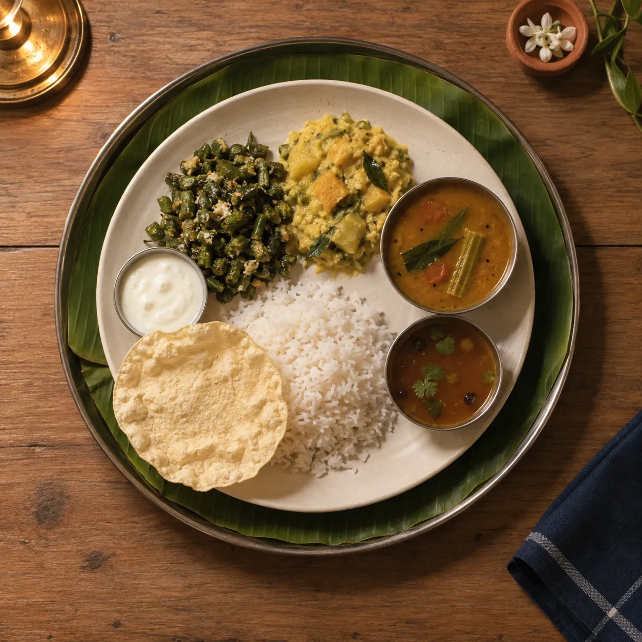 A Tamil dinner plate on a banana leaf seen from above: beans poriyal, kootu, curd, sambar, rasam, rice and an appalam.