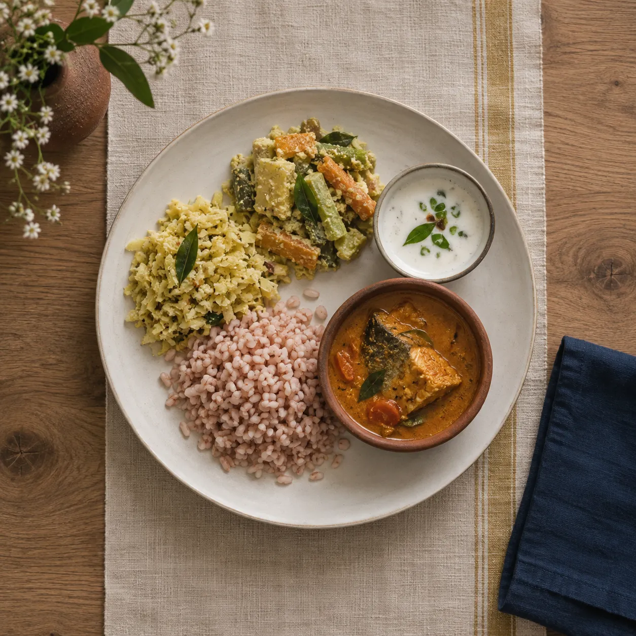 A Kerala dinner plate seen from above: cabbage thoran, avial, moru in a small bowl, fish curry in a clay bowl, and red matta rice.