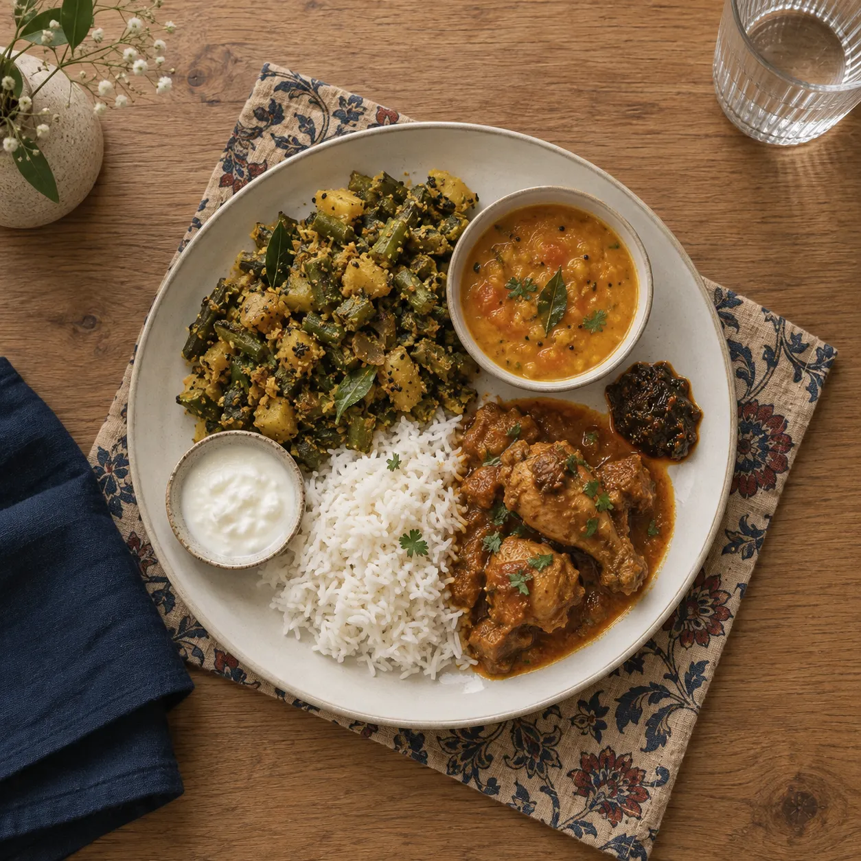 A Telangana dinner plate seen from above: a vegetable koora, tomato pappu in a bowl, gongura pachadi, chicken curry, rice and curd.