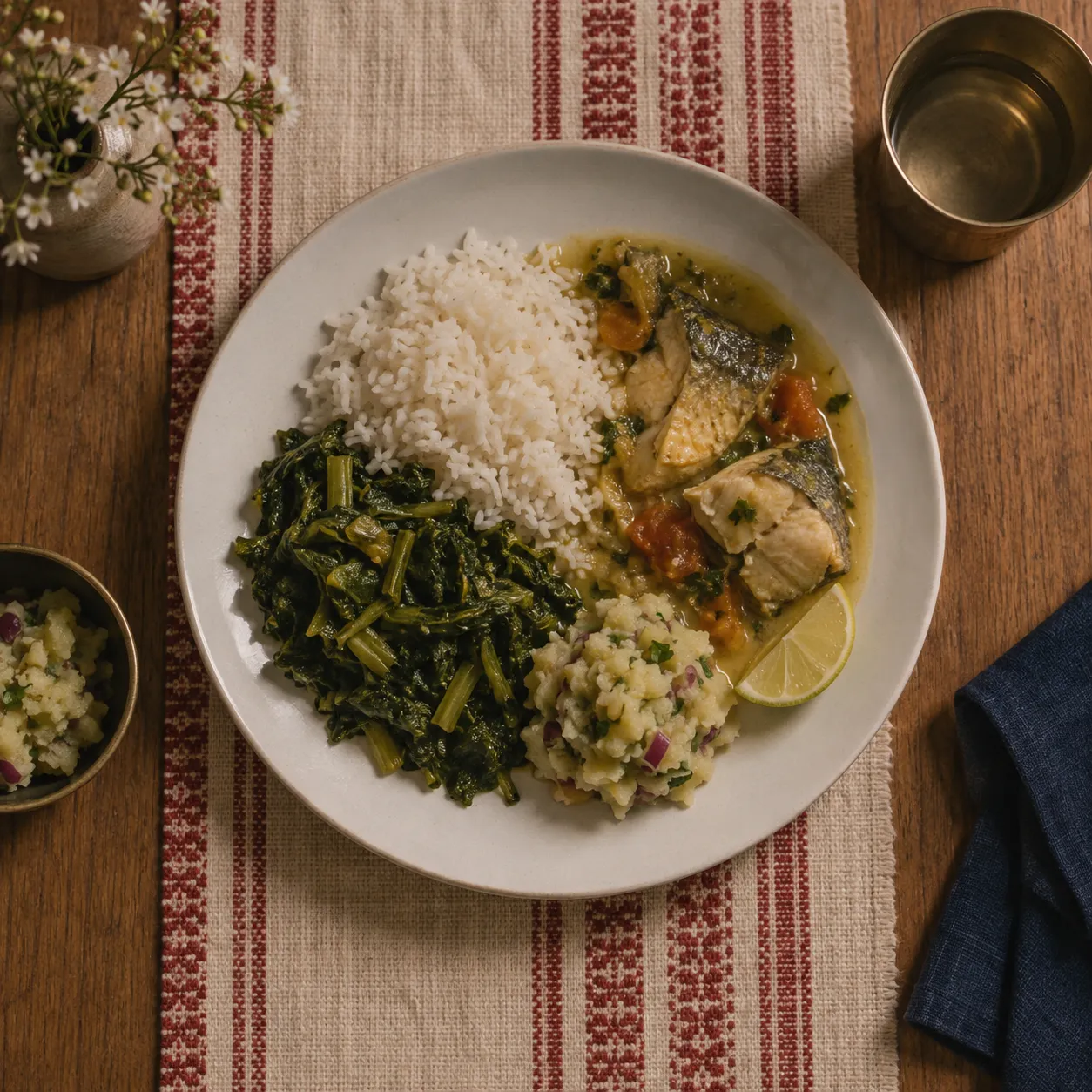 An Assamese dinner plate seen from above: rice, masor tenga with fish, a helping of greens, aloo pitika and a slice of lemon.
