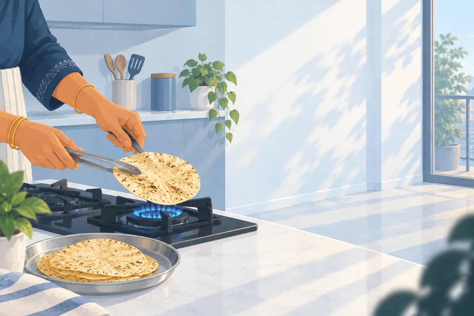 A cook's hand holding a thin papad over a gas flame with steel tongs, a few roasted papads on a steel plate beside the stove.